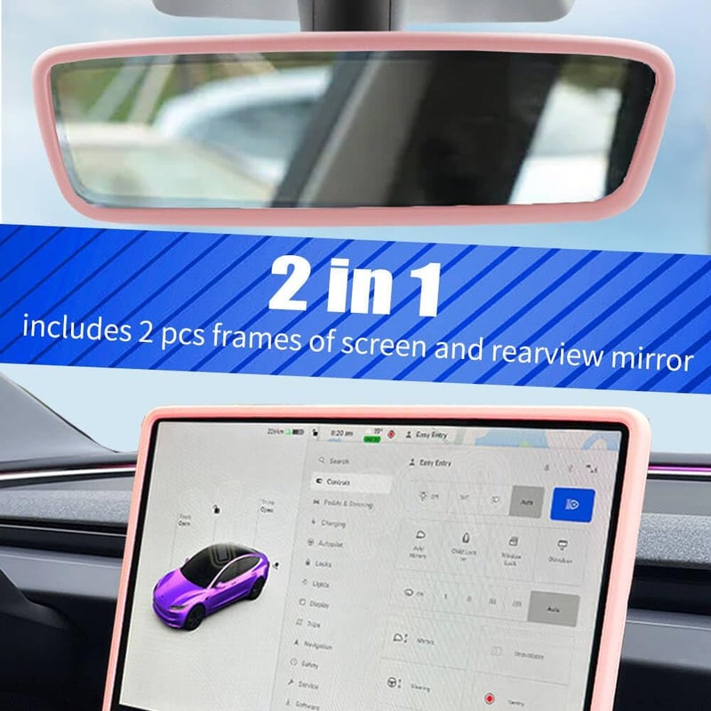 Yeapop 2Pcs Silicone Protector Frames of Screen and Rear View Mirror for Tesla Model 3 2024 Highland and Model Y 2025 Juniper. (Pink) - Image 3